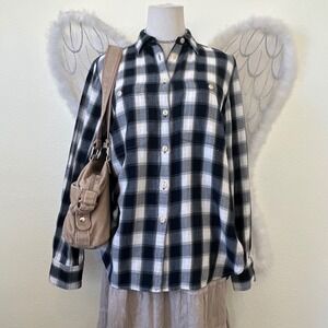 Cottagecore Prarie Plaid Long Sleeve Button‎ Down Shirt Blue White Buffalo Plaid